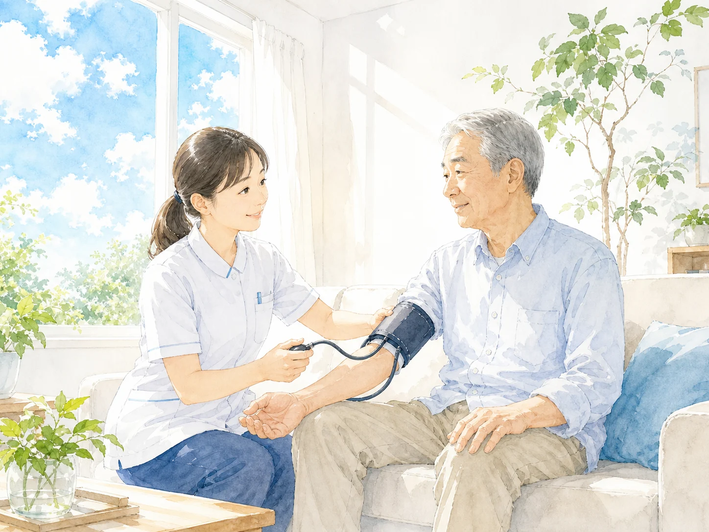 血圧を測る訪問看護師のイラスト
