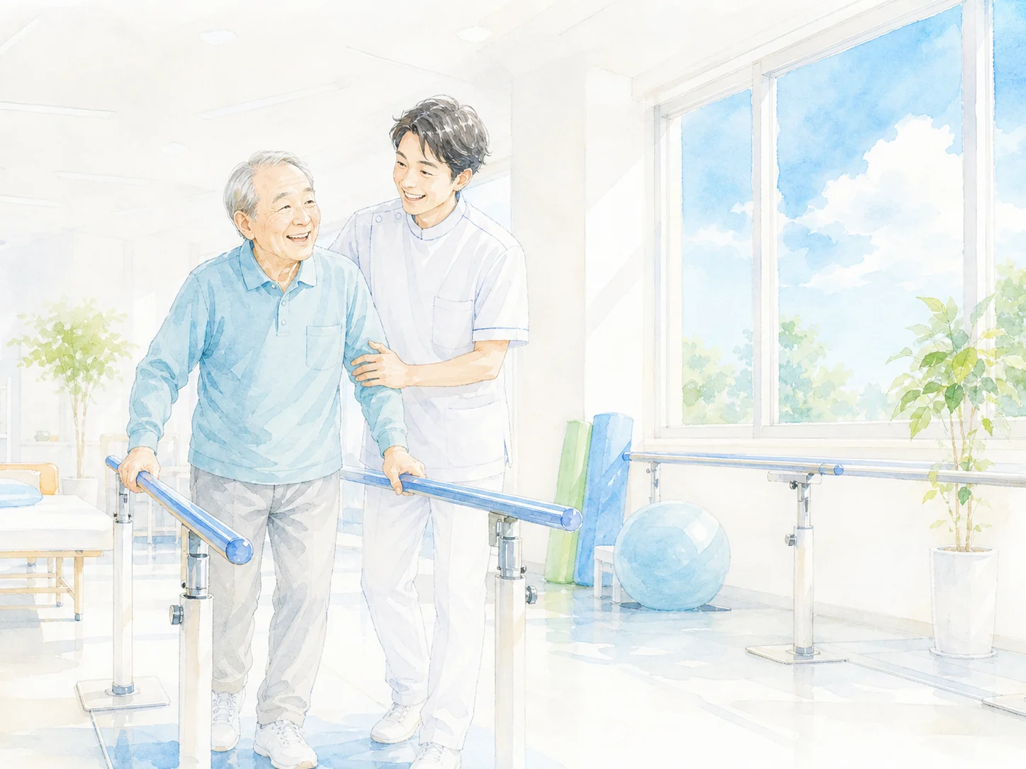 歩行リハビリを支える理学療法士のイラスト