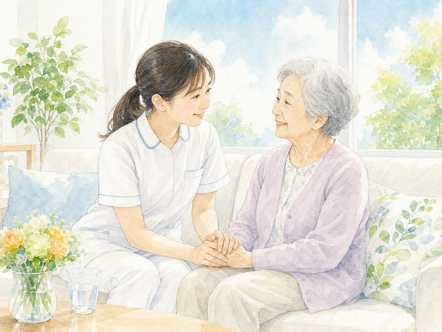 寄り添って傾聴する看護師のイラスト