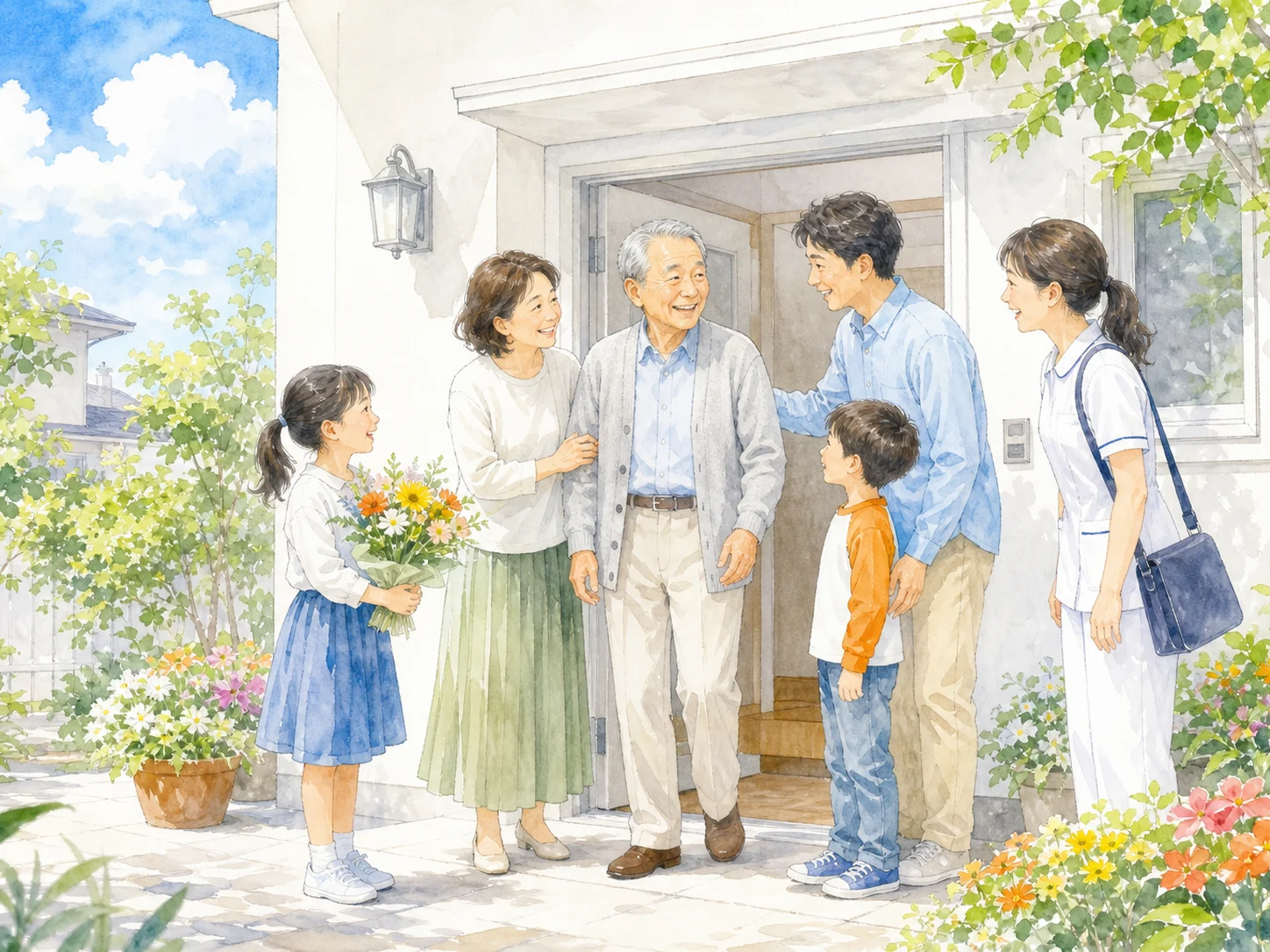 退院して自宅に帰る様子のイラスト